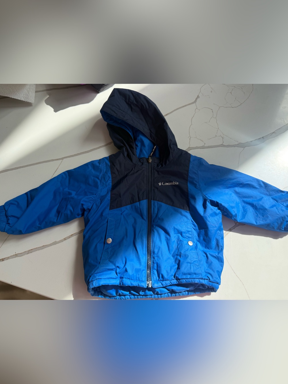 Columbia Blue and Navy Kids Hooded Puffer Jacket